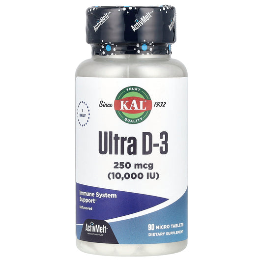 KAL, Ultra D-3, Unflavored, 250 mcg (10,000 IU), 90 Micro Tablets