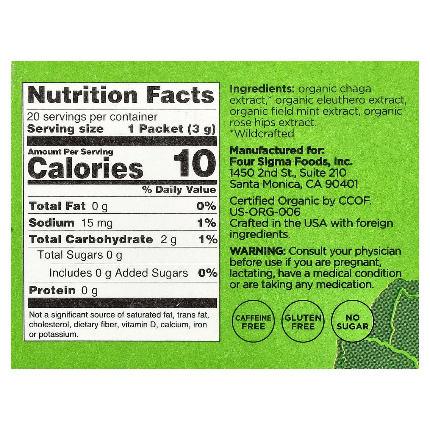 Four Sigmatic, Protect, Organic Elixir Mix With Chaga Mushroom & Eleuthero, Caffeine Free, 20 Packets, 0.1 oz (3 g) Each