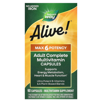 Nature's Way, Alive!® Max6 Potency, Adult Complete Multivitamin, No Added Iron, 90 Capsules