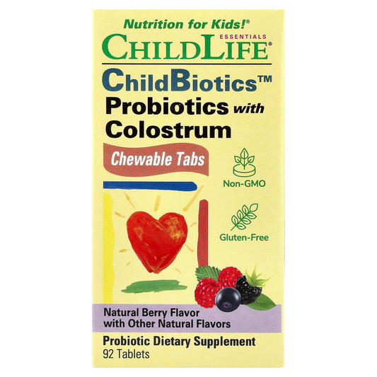ChildLife Essentials, ChildBiotics™, Probiotics with Colostrum, Chewable Tabs, Natural Berry, 92 Tablets