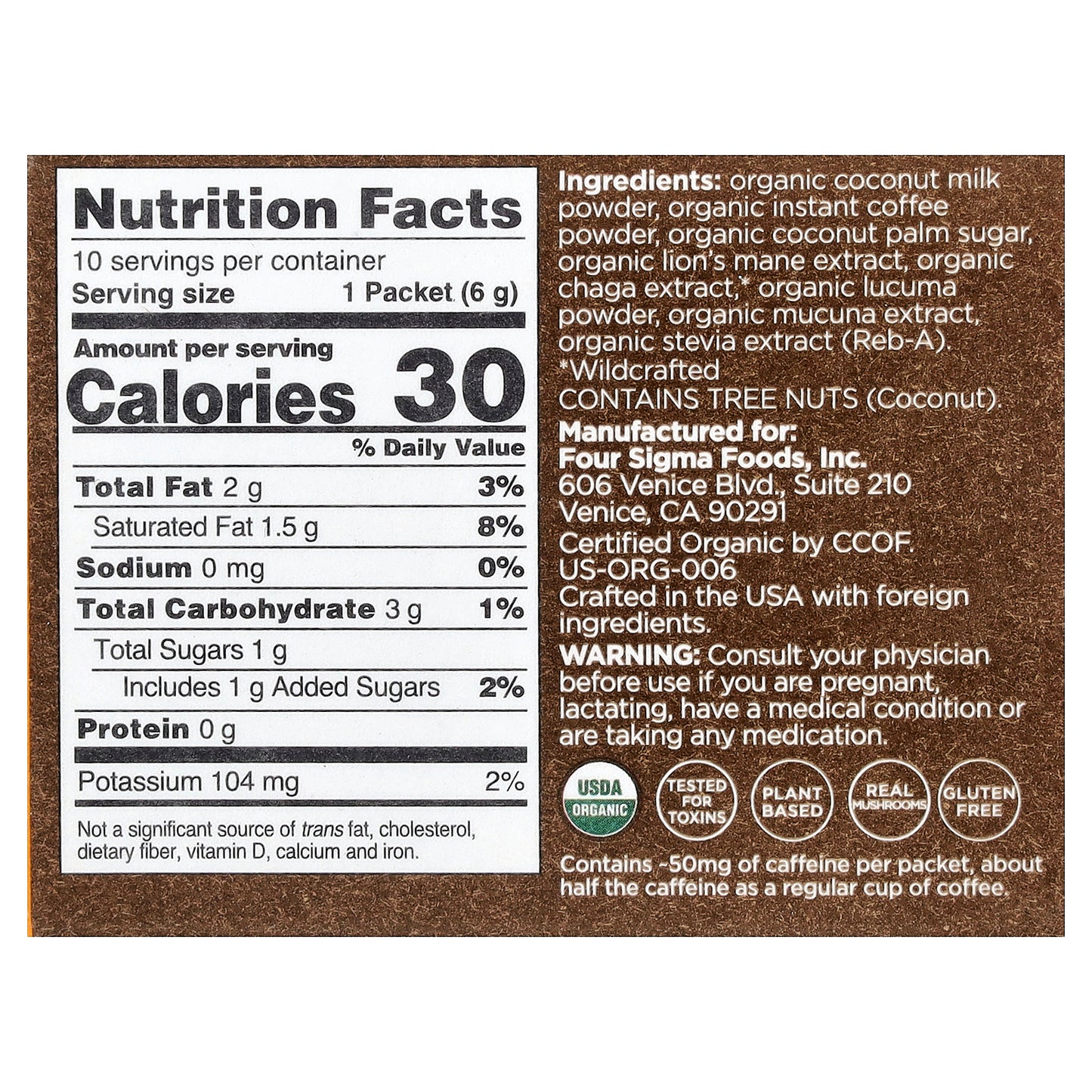 Four Sigmatic, Focus, Organic Coffee Latte with Lion's Mane & Chaga Mushrooms, 10 Packets, 0.21 oz (6 g) Each