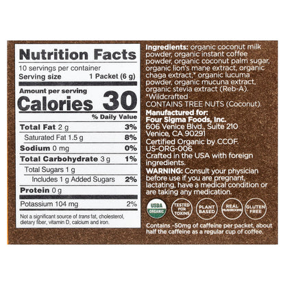 Four Sigmatic, Focus, Organic Coffee Latte with Lion's Mane & Chaga Mushrooms, 10 Packets, 0.21 oz (6 g) Each