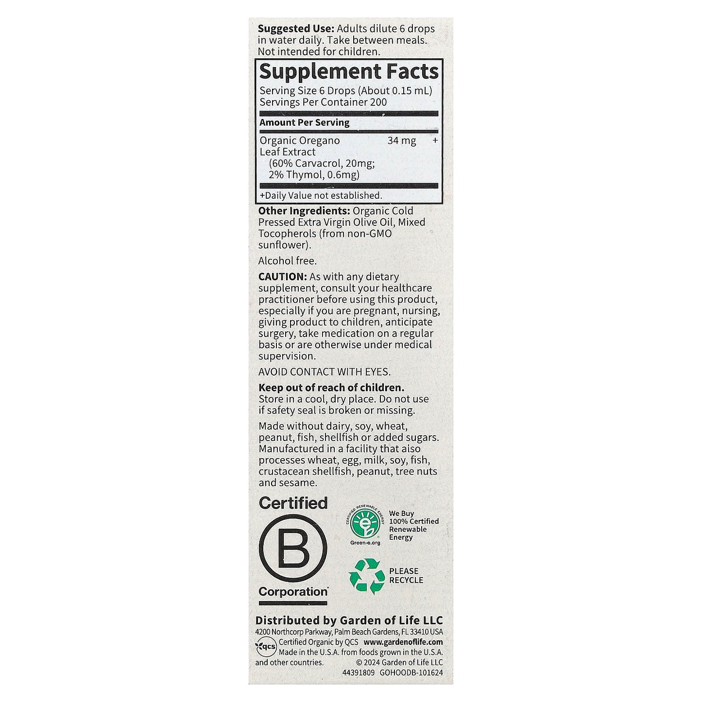 Garden of Life, Organics, Oil of Oregano, Seasonal Drops, Alcohol Free, 1 fl oz (30 ml)