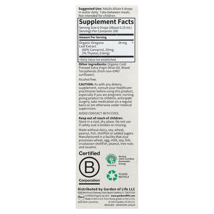 Garden of Life, Organics, Oil of Oregano, Seasonal Drops, Alcohol Free, 1 fl oz (30 ml)