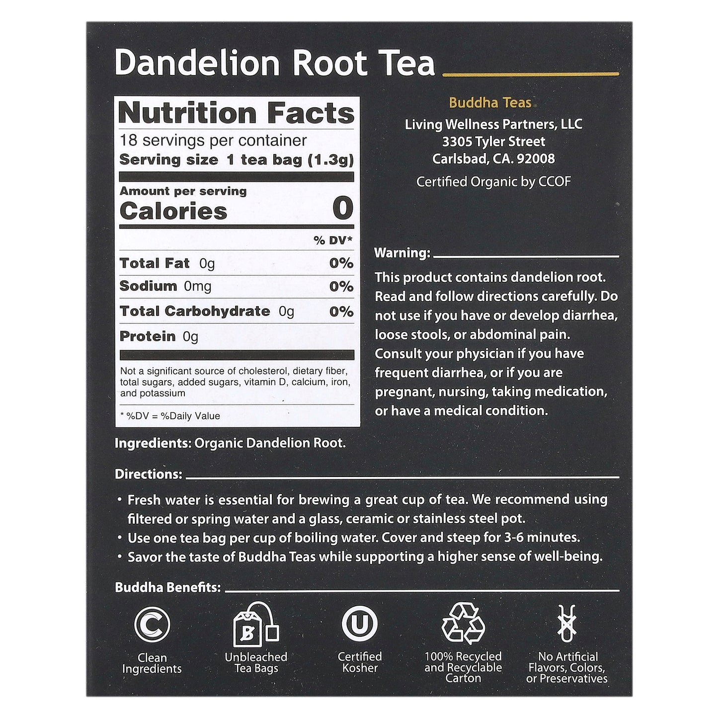 Buddha Teas, Organic Herbal Tea, Dandelion Root, Caffeine Free, 18 Tea Bags, 0.83 oz (24 g)