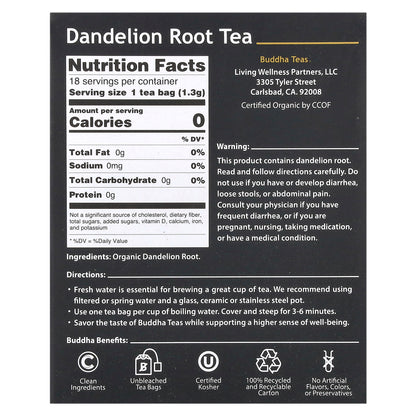 Buddha Teas, Organic Herbal Tea, Dandelion Root, Caffeine Free, 18 Tea Bags, 0.83 oz (24 g)
