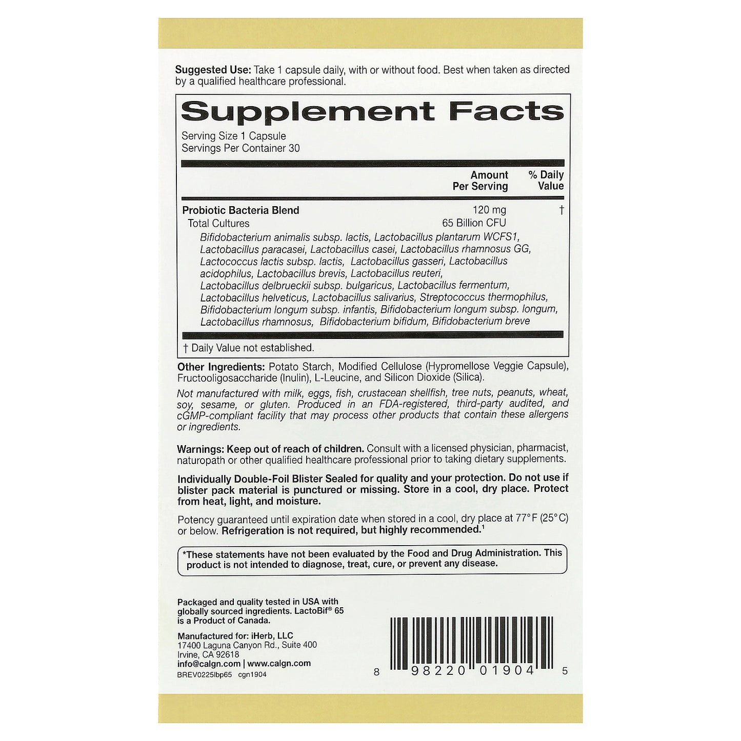 California Gold Nutrition, LactoBif® 65 Probiotics, 30 Veggie Capsules