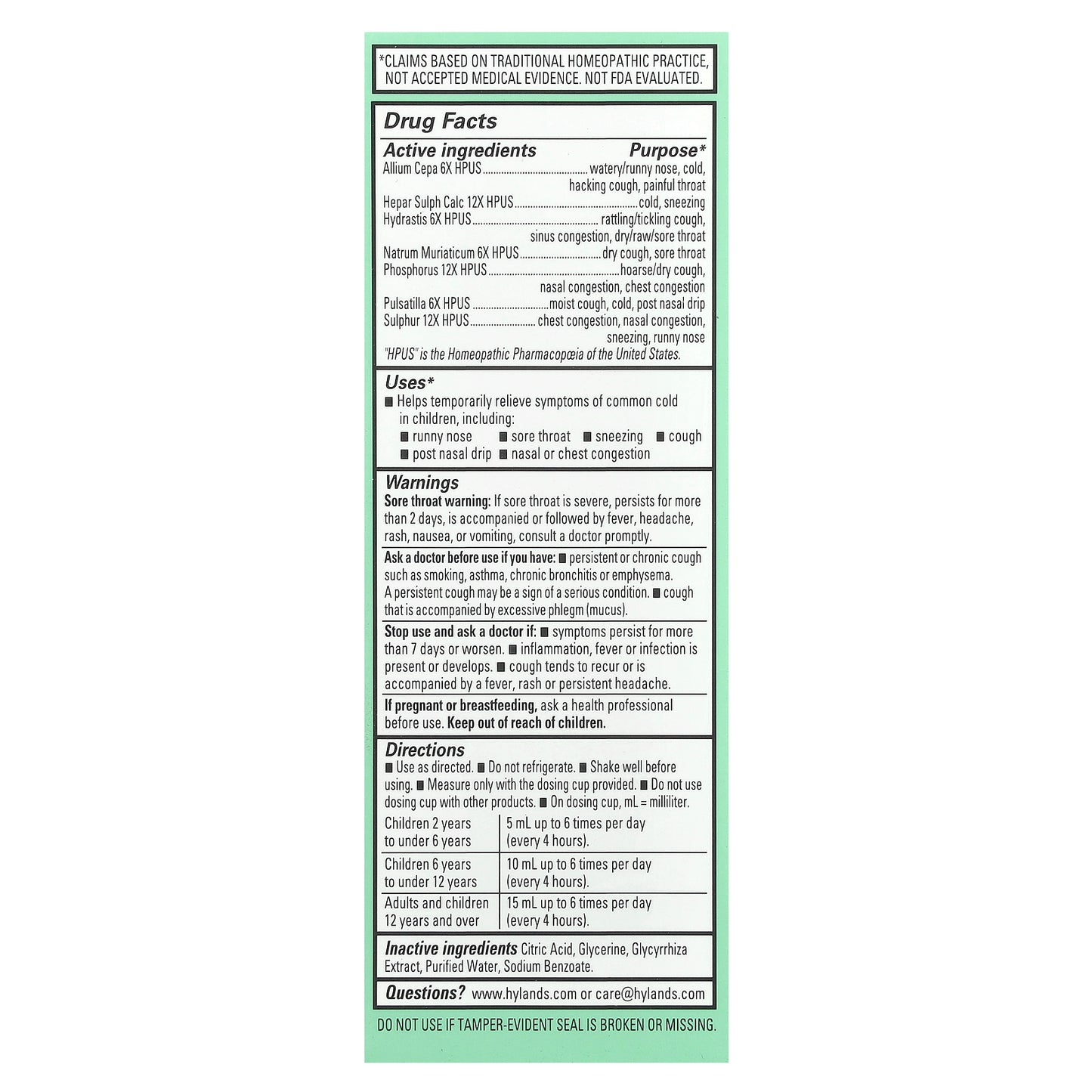 Hyland's Naturals, Kids, Cold & Cough, Daytime, Ages 2-12, Unflavored, 4 fl oz (118 ml)