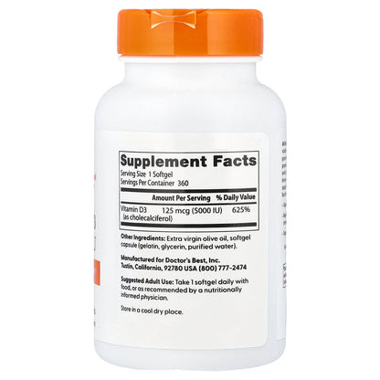 Doctor's Best, Vitamin D3, 125 mcg (5,000 IU), 360 Softgels