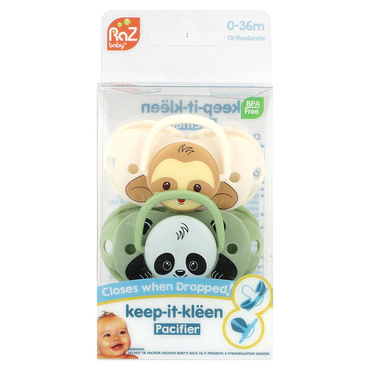 RaZbaby, Keep-It-Kleen Pacifier, 0-36m,  Sloth & Panda, 2 Pacifiers