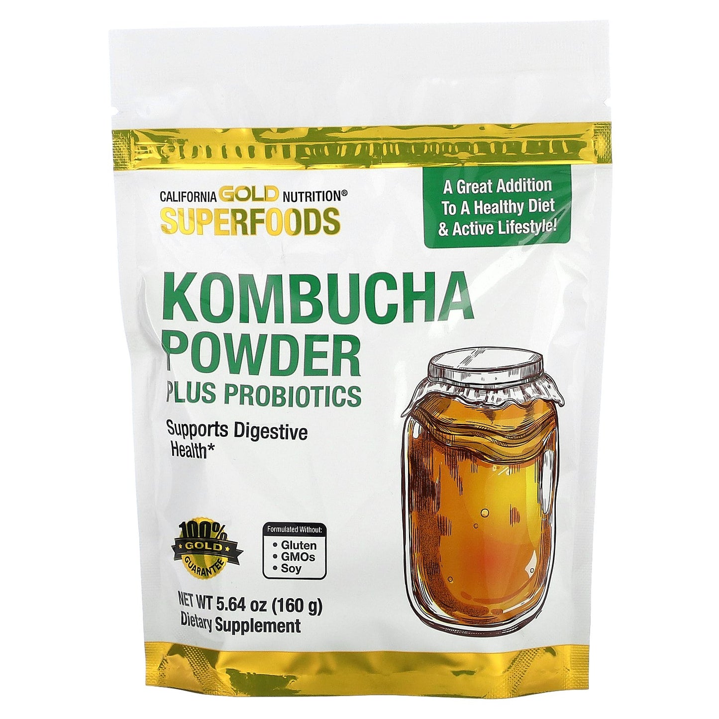 California Gold Nutrition, Superfoods, Kombucha Powder with Kombucha, Brewed Apple Cider Vinegar and Soluble Tapioca Fiber Plus Probiotics, 5.64 oz (160 g)