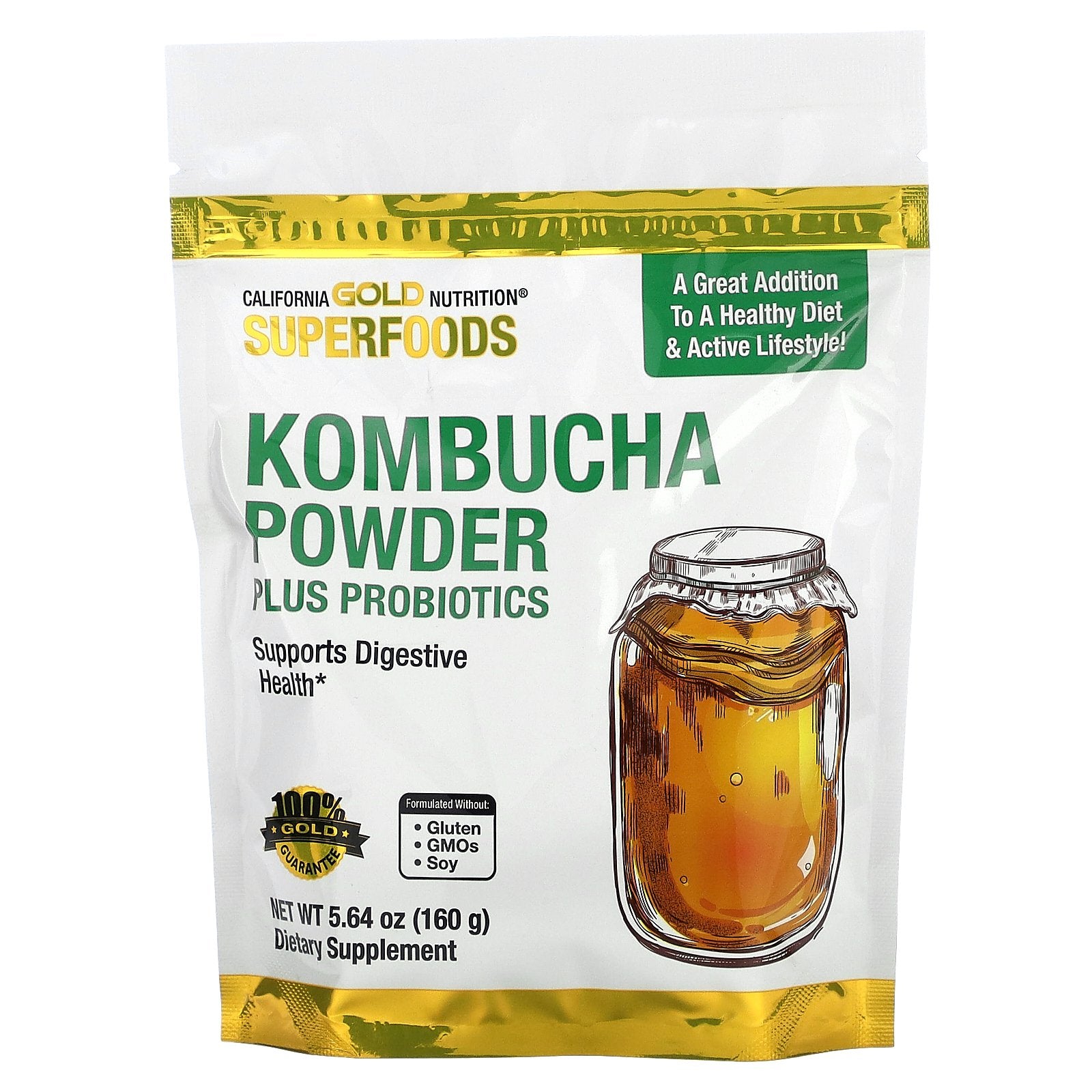California Gold Nutrition, Superfoods, Kombucha Powder with Kombucha, Brewed Apple Cider Vinegar and Soluble Tapioca Fiber Plus Probiotics, 5.64 oz (160 g)
