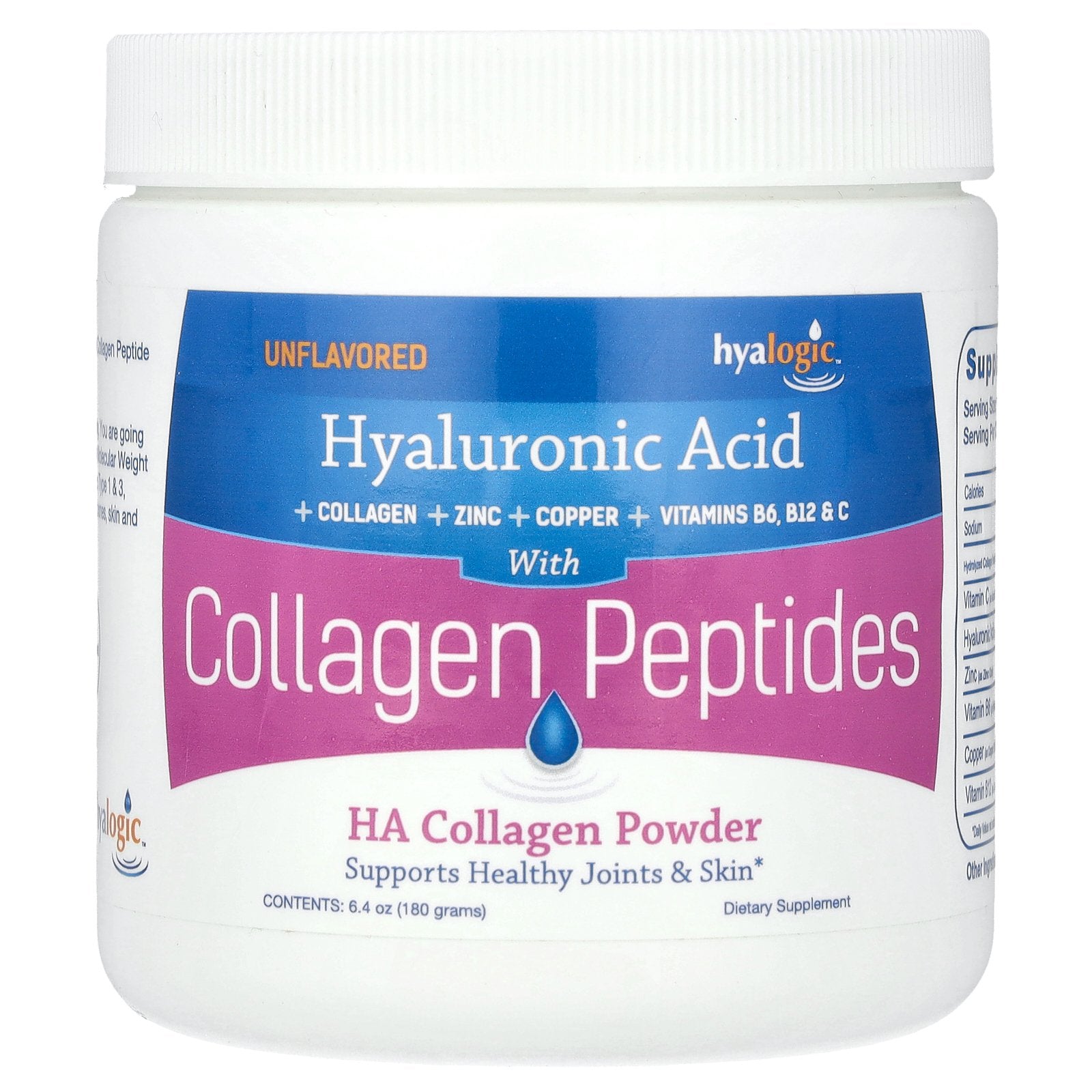 Hyalogic, HA Collagen Peptide Powder, Unflavored, 6.4 oz (180 g)