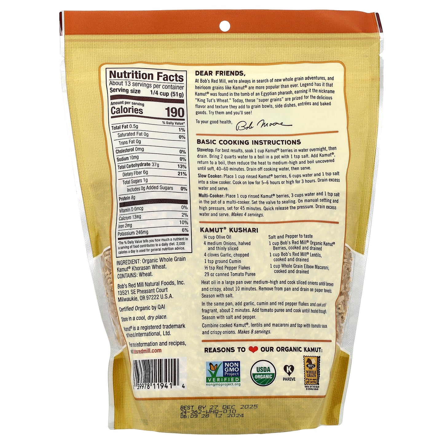 Bob's Red Mill, Organic Kamut®, Whole Grain, 24 oz (680 g)