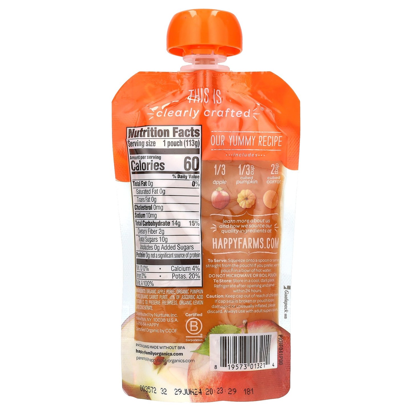 Happy Family Organics, Happy Baby®, Organic Baby Food, 6+ Months, Apples, Pumpkin & Carrots, 4 oz (113 g)