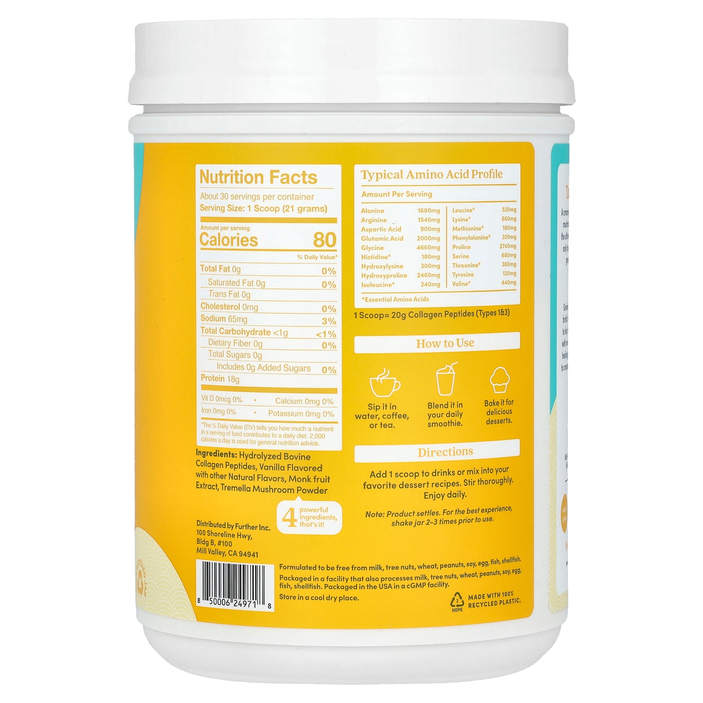 Further Food, Grass-Fed Collage Peptides + Tremella Mushroom, Vanilla, 22.22 oz (630 g)