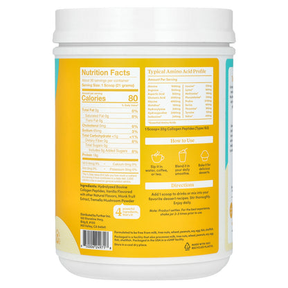 Further Food, Grass-Fed Collage Peptides + Tremella Mushroom, Vanilla, 22.22 oz (630 g)