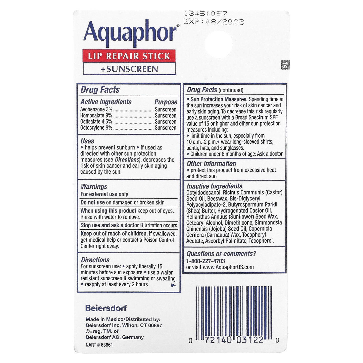 Aquaphor, Lip Repair Stick + Sunscreen, SPF 30, Fragrance Free, 0.17 oz (4.8 g)