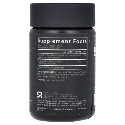 Sports Research, D3 + K2, Plant-Based, 62.5 mcg/100 mcg, 60 Veggie Softgels