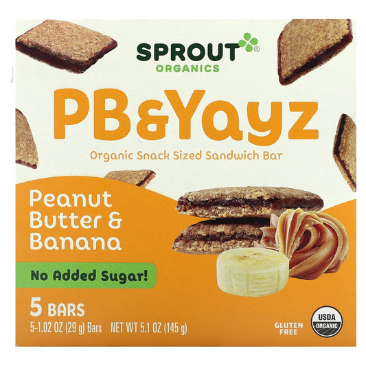 Sprout Organics, PB & Yayz, Organic Snack Sized Sandwich Bar, Peanut Butter & Banana, 5 Bars, 1.02 oz (29 g) Each