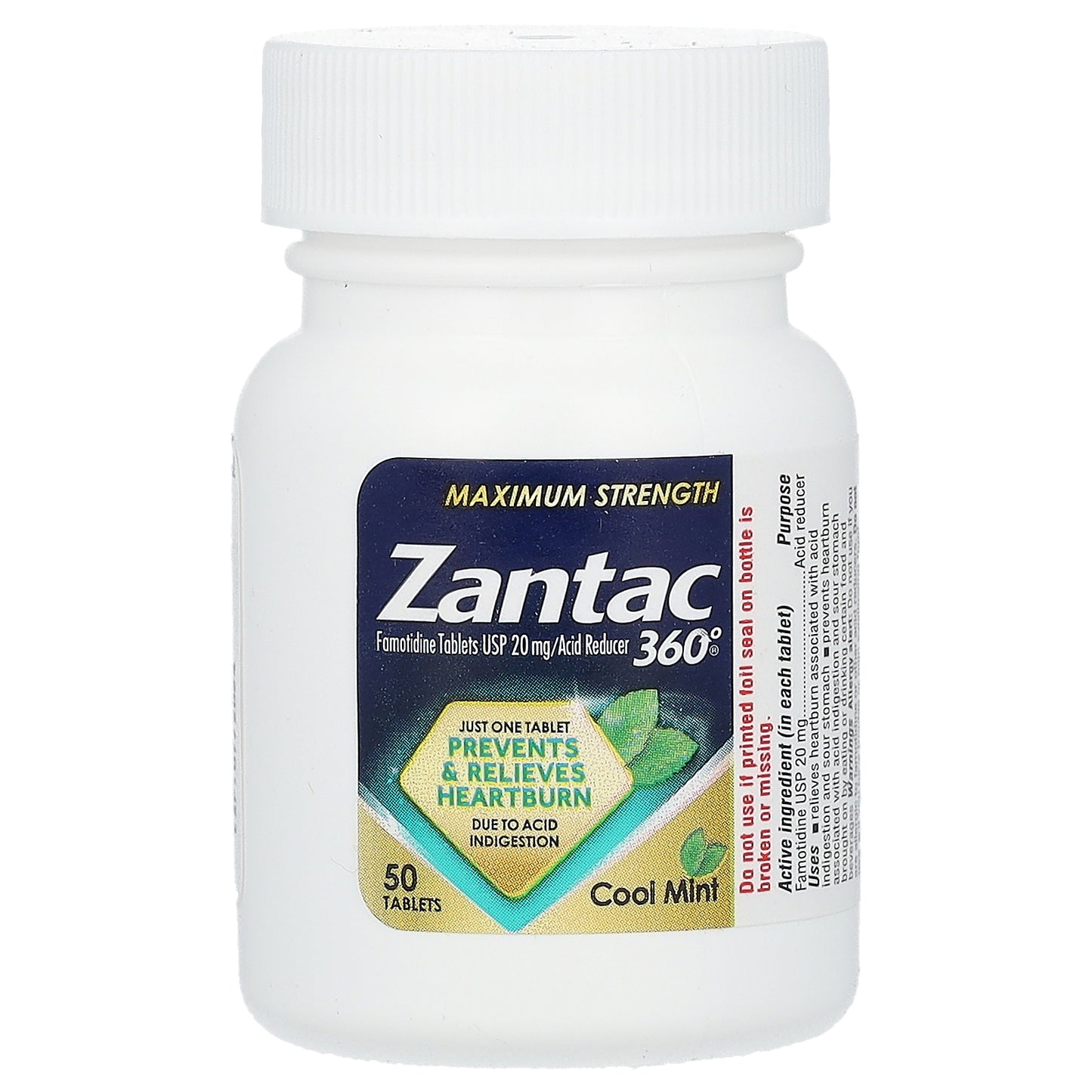 Zantac, 360°, Maximum Strength, Cool Mint, 20 mg, 50 Tablets