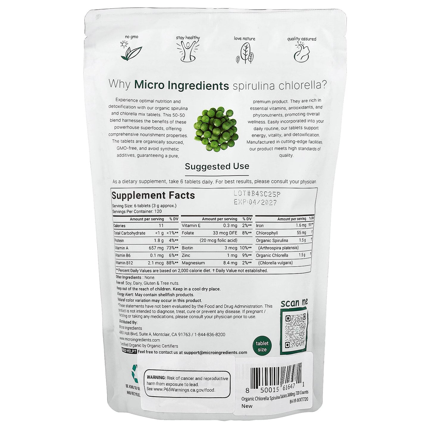 Micro Ingredients, Organic Spirulina Chlorella, 720 Tablets