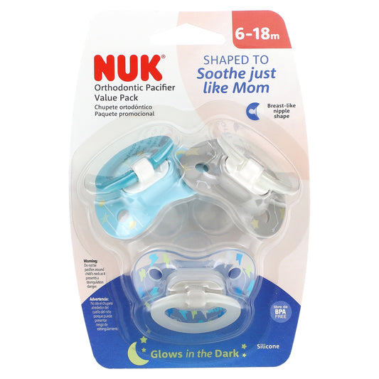 NUK, Glow in the Dark Orthodontic Pacifier, 6-18 Months, Lightning Bolts and Stars, 3 Value Pack