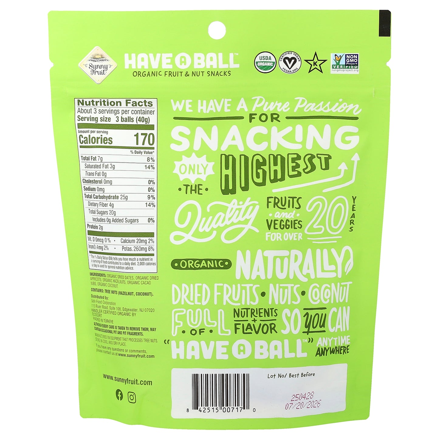 Sunny Fruit, Have A Ball™, Organic Fruit & Nut Snacks, Apricot & Cacao Nibs & Hazelnut, 4.4 oz ( 126 g)