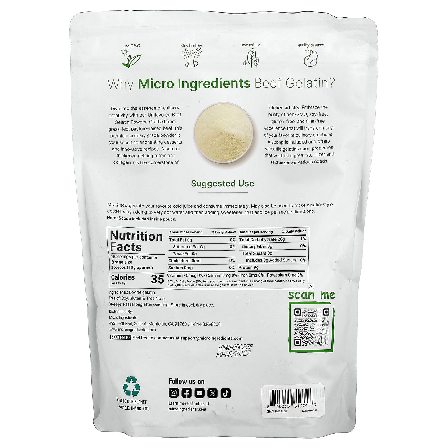 Micro Ingredients, Beef Gelatin Powder, Unflavored, 2 lb (907 g)
