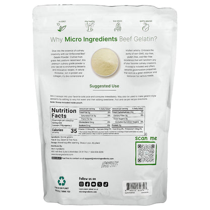 Micro Ingredients, Beef Gelatin Powder, Unflavored, 2 lb (907 g)