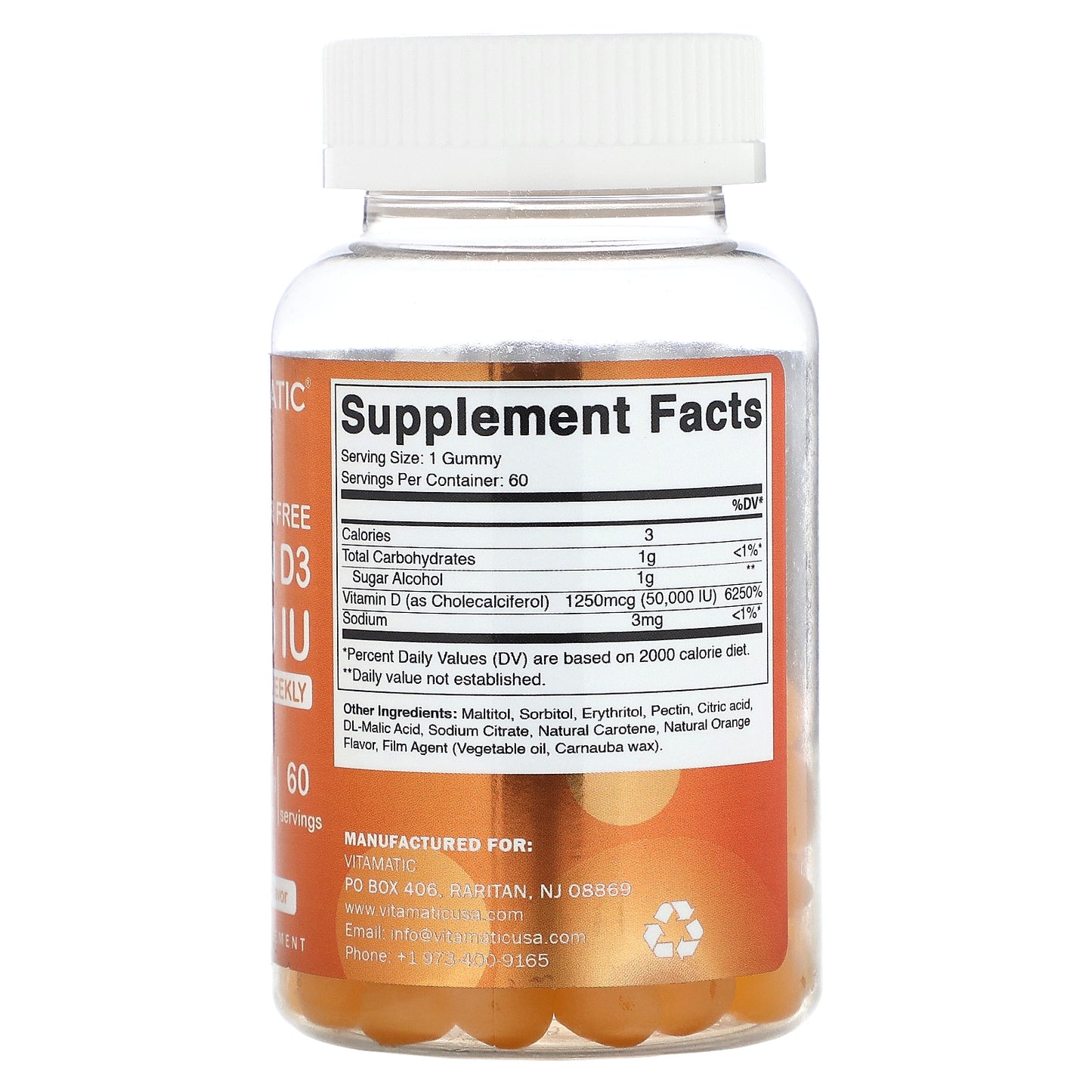 Vitamatic, Sugar Free Vitamin D3, Natural Orange, 1,250 mcg (50,000 IU), 60 Gummies