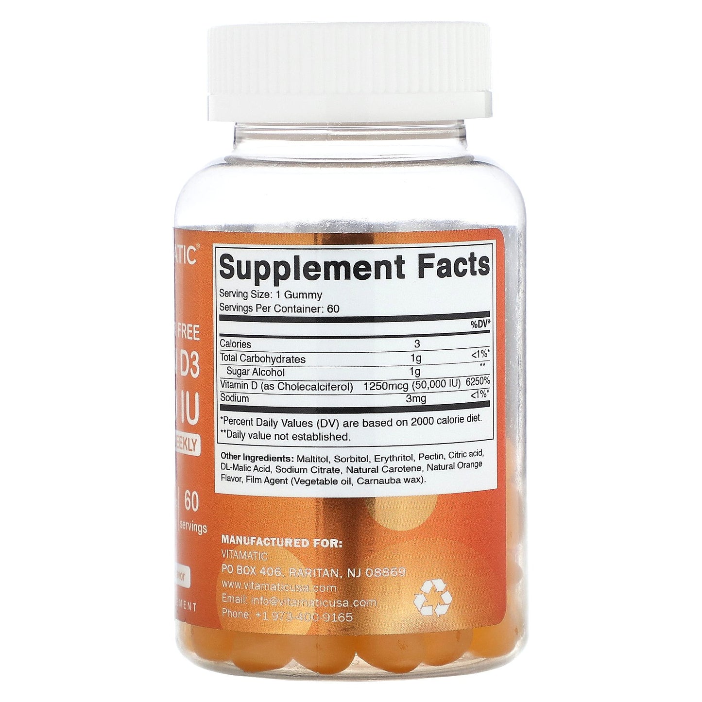 Vitamatic, Sugar Free Vitamin D3, Natural Orange, 50,000 IU, 60 Gummies