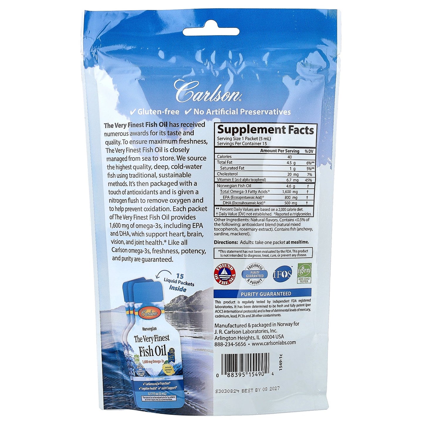 Carlson, Norwegian, The Very Finest Fish Oil, Natural Lemon, 15 Packets, (5 ml) Each