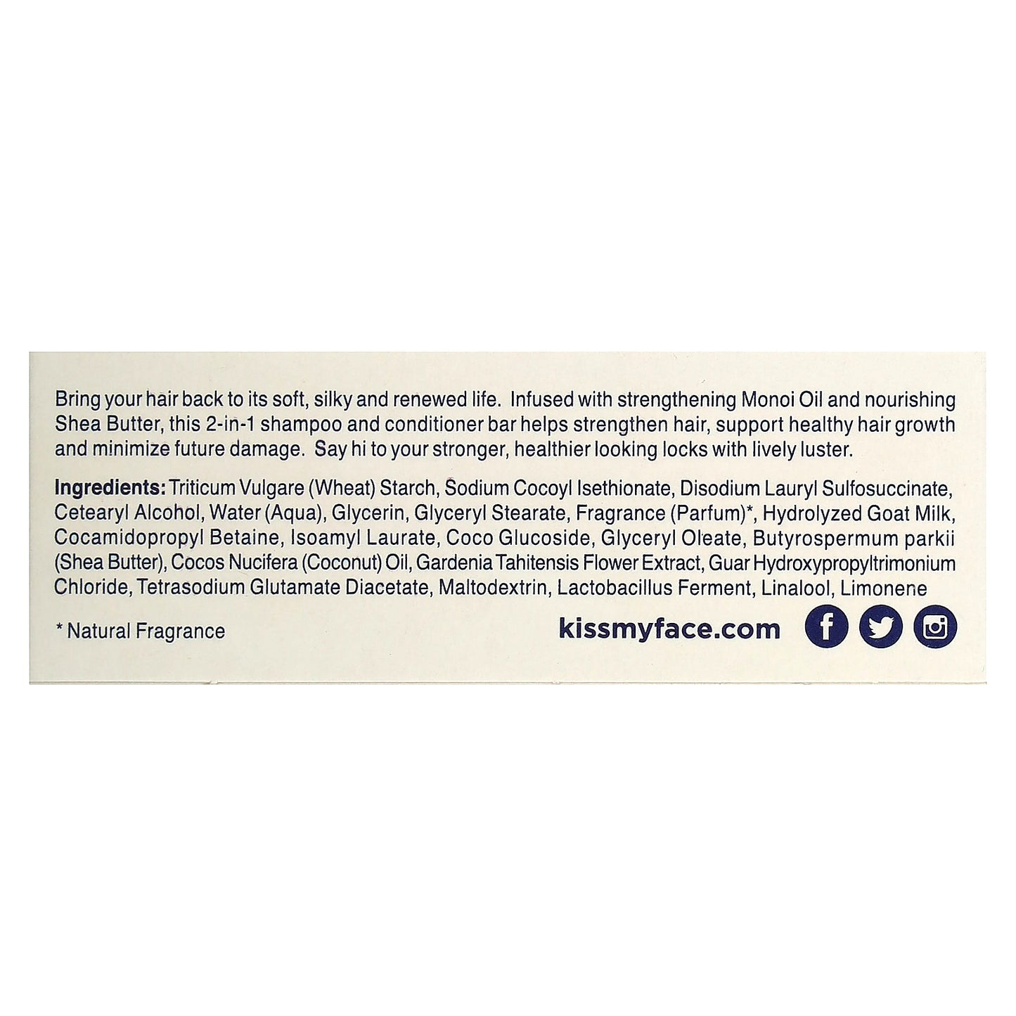 Kiss My Face, Strengthen 2-in-1 Shampoo + Conditioner Bar, For Dry & Damaged Hair,  Monoi Oil & Shea Butter, 1 Bar, 4 oz (113 g)