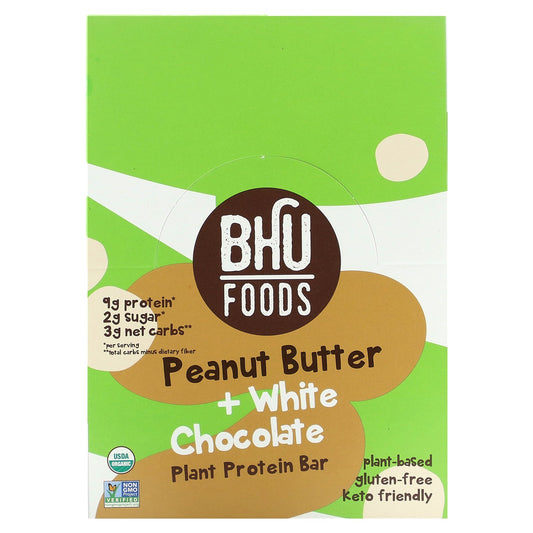 BHU Foods, Plant Protein Bar, Peanut Butter + White Chocolate, 12 Bars, 1.6 oz (45 g) Each