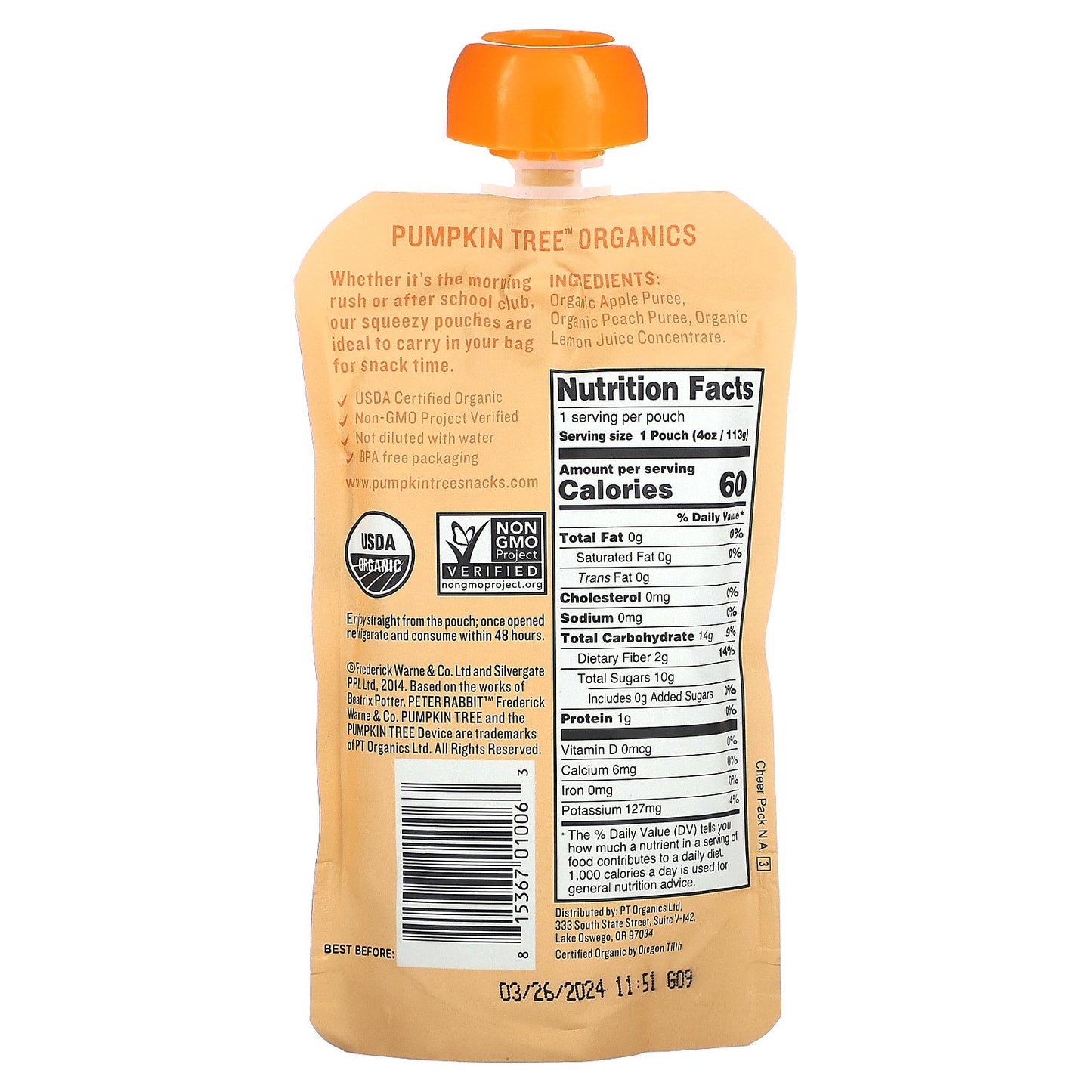 Pumpkin Tree Organics, Peter Rabbit Organics, Organic Fruit Puree, Apple & Peach, 4 oz (113 g)