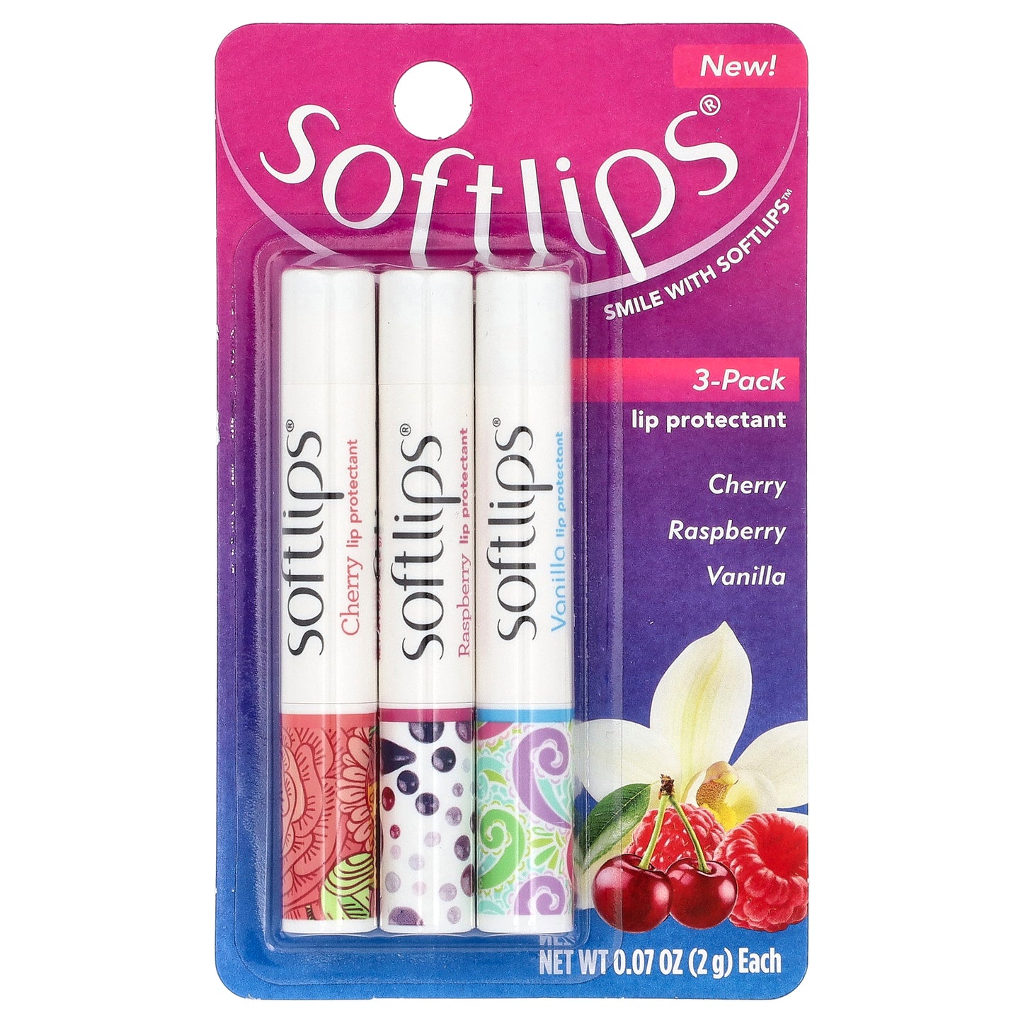 Softlips, Lip Protectant, Cherry, Raspberry, Vanilla, 3 Pack, 0.07 oz (2 g) Each