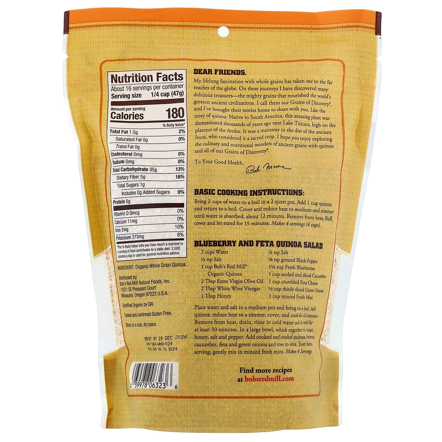 Bob's Red Mill, Organic Whole Grain Quinoa, Gluten Free, 26 oz (737 g)