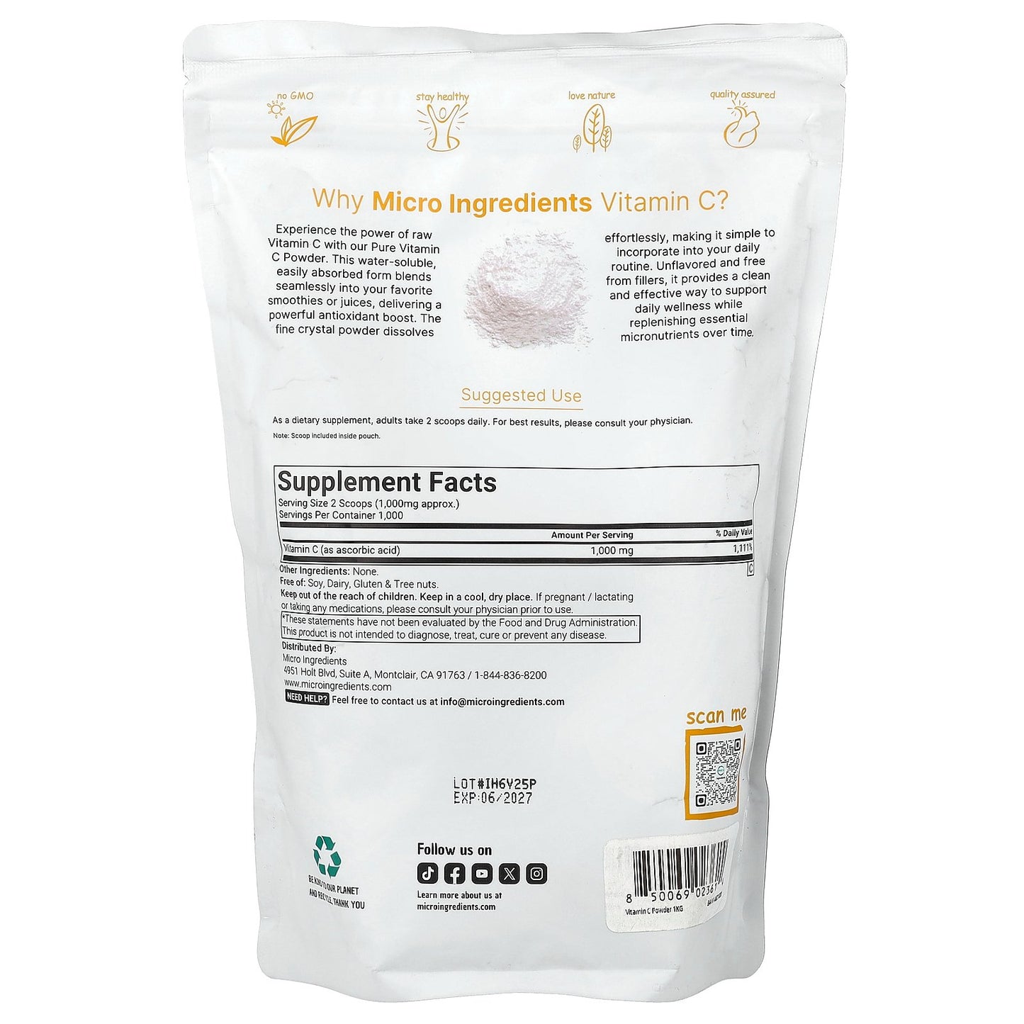 Micro Ingredients, Vitamin C Powder, Unflavored, 2.2 lbs (1 kg)