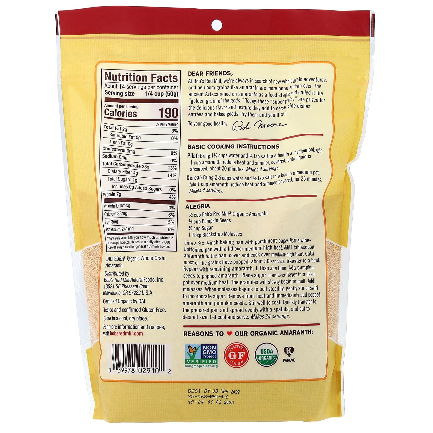 Bob's Red Mill, Organic Amaranth, Whole Grain, 24 oz (680 g)