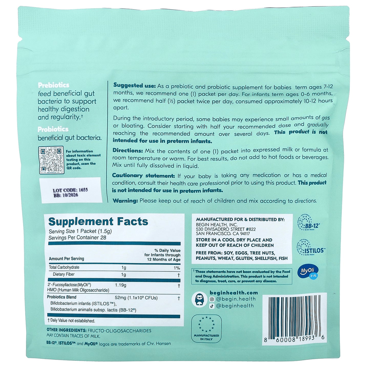 Begin Health, Beginbaby™ Prebiotics + Probiotic, Ages 0-12 Months, Unflavored, 28 Packets, 0.05 oz (1.5 g) Each