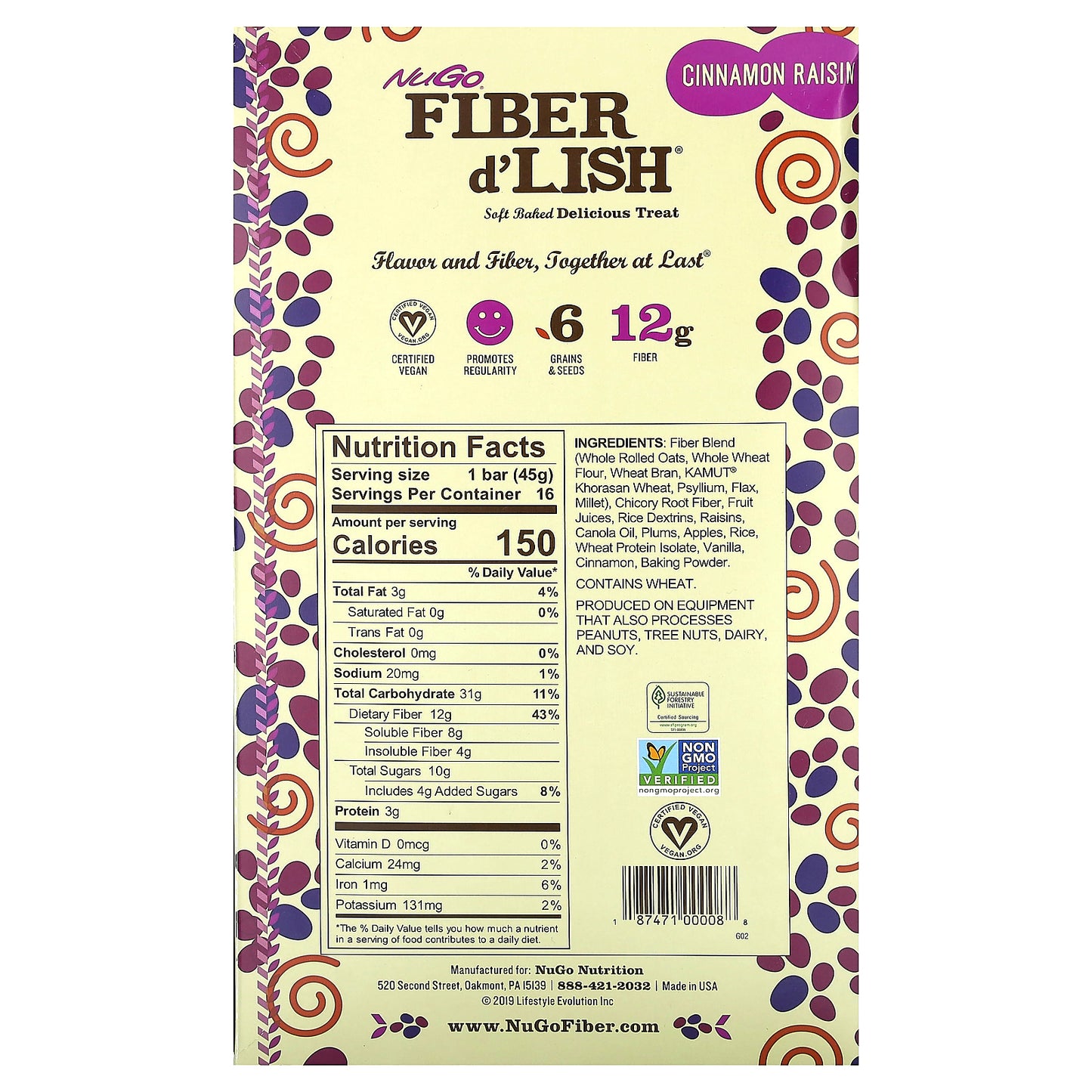 NuGo Nutrition, Fiber d'Lish, Cinnamon Raisin, 16 Bars, 1.6 oz (45 g) Each