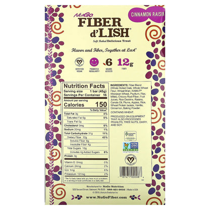 NuGo Nutrition, Fiber d'Lish, Cinnamon Raisin, 16 Bars, 1.6 oz (45 g) Each