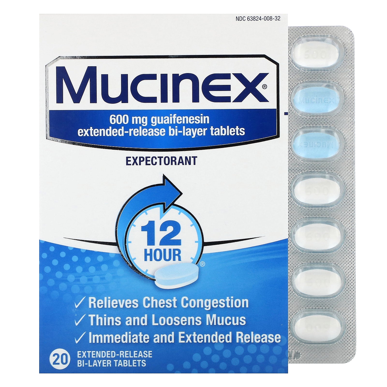 Mucinex, Mucinex, 600 mg, 20 Extended-Release Bi-Layer Tablets