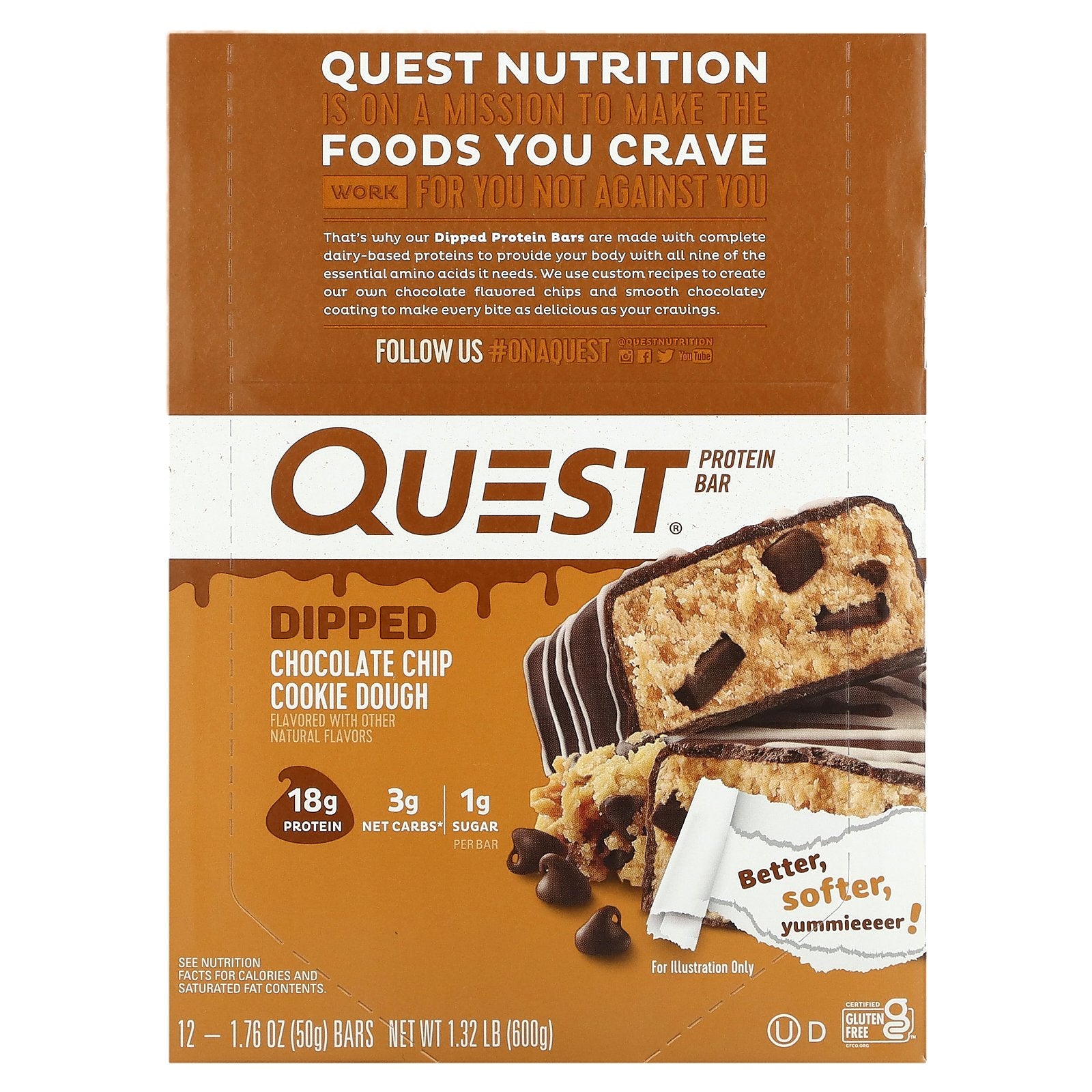 Quest Nutrition, Dipped Protein Bar, Chocolate Chip Cookie Dough, 12 Bars, 1.76 oz (50 g) Each