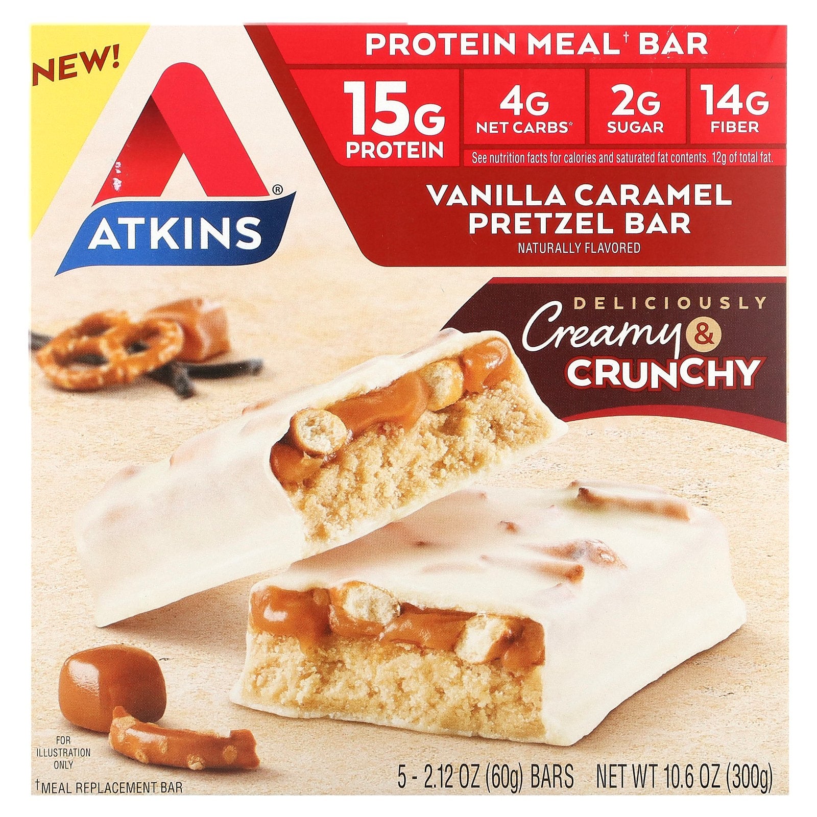 Atkins, Protein Meal Bar, Vanilla Caramel Pretzel, 5 Bars, 2.12 oz (60 g) Each