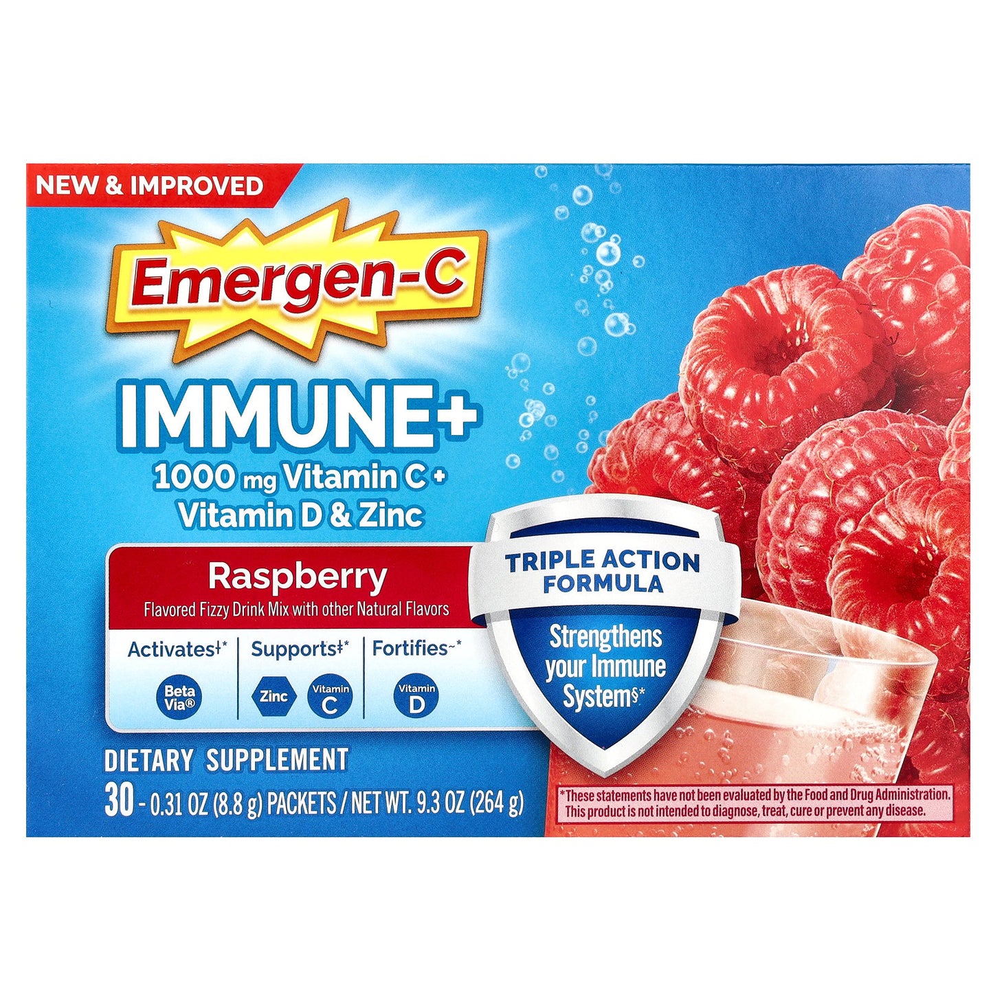 Emergen-C, Immune+ Vitamin C + Vitamin D & Zinc, Raspberry, 30 Packets, 0.31 oz (8.8 g) Each