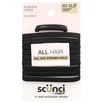 Scunci, No-Slip Grip® Elastics, All Day Strong Hold, Black, 10 Pieces