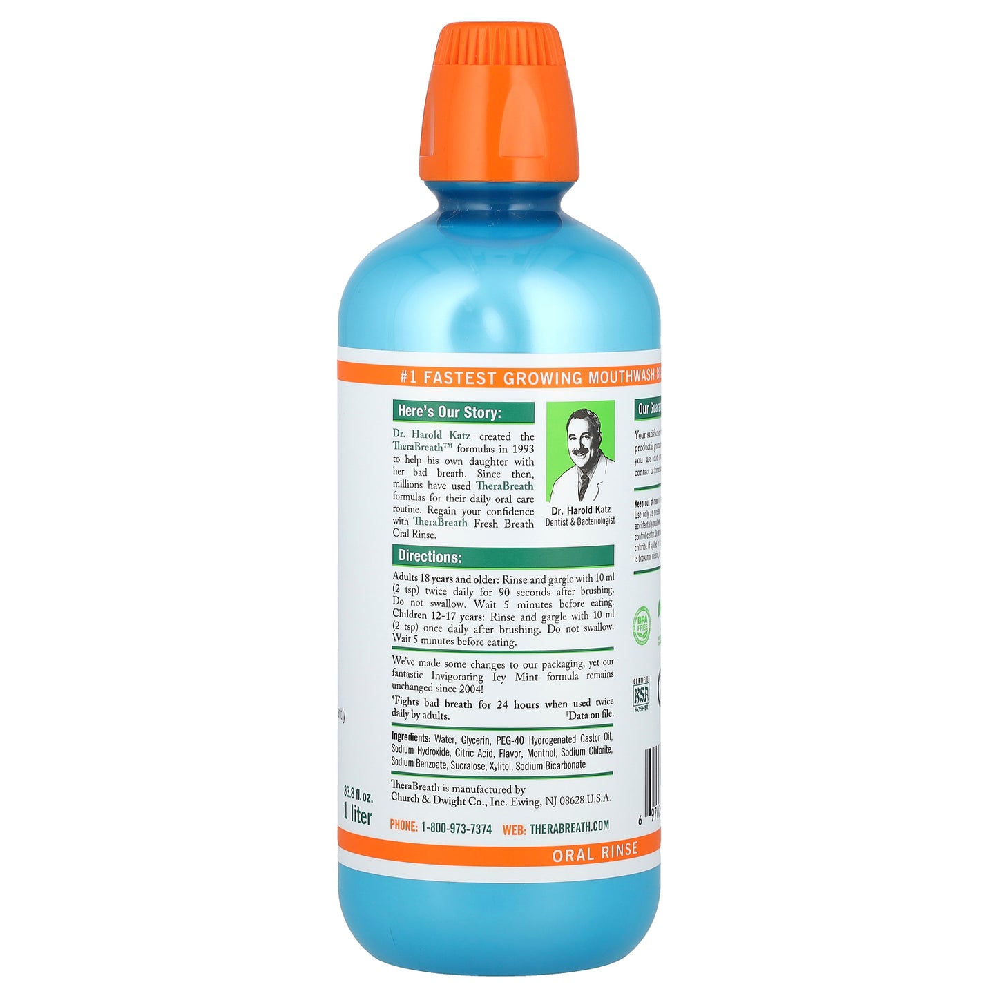 TheraBreath, Fresh Breath Oral Rinse, Invigorating Icy Mint, 33.8 fl oz (1 l)