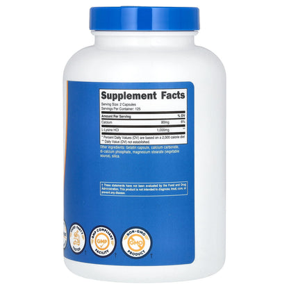 Nutricost, L-Lysine, 250 Capsules (500 mg per Capsule)